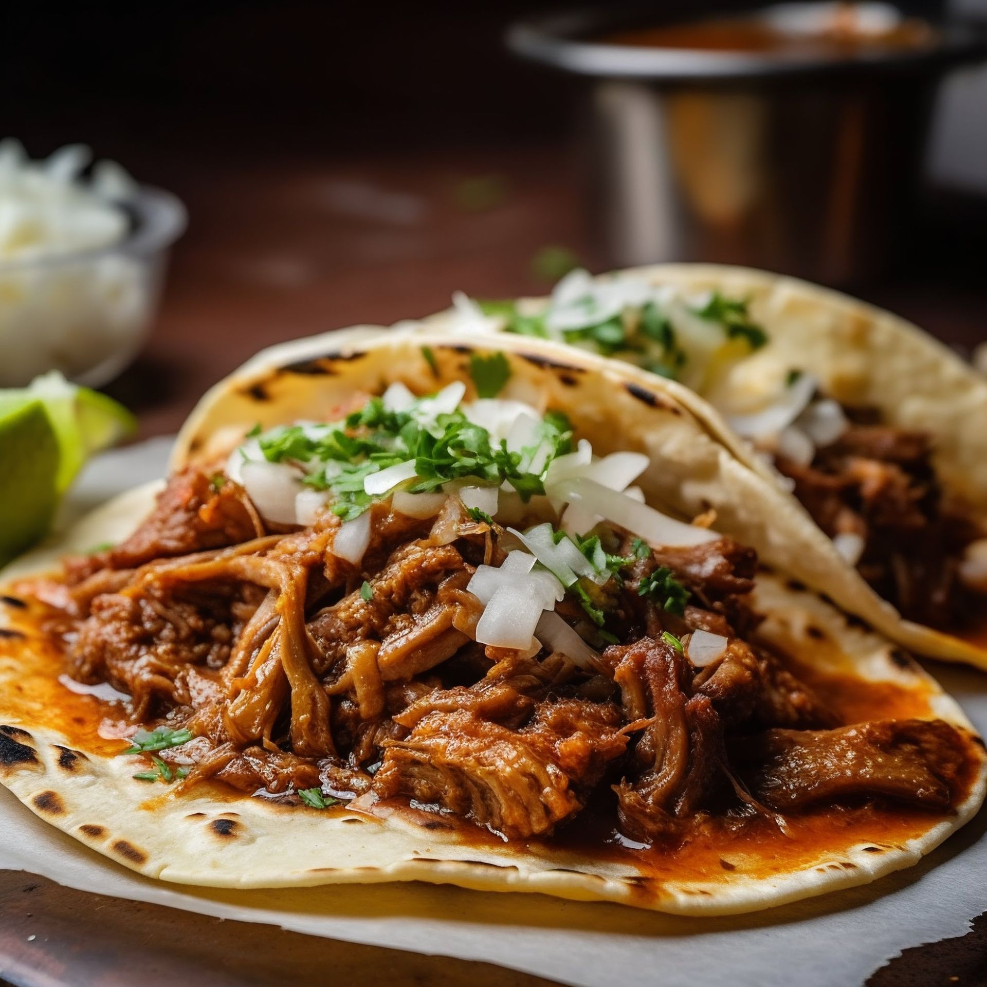 Tacos de cerdo desmenuzado a la barbacoa tex-mex con tortilla, cebolla y cebollino.