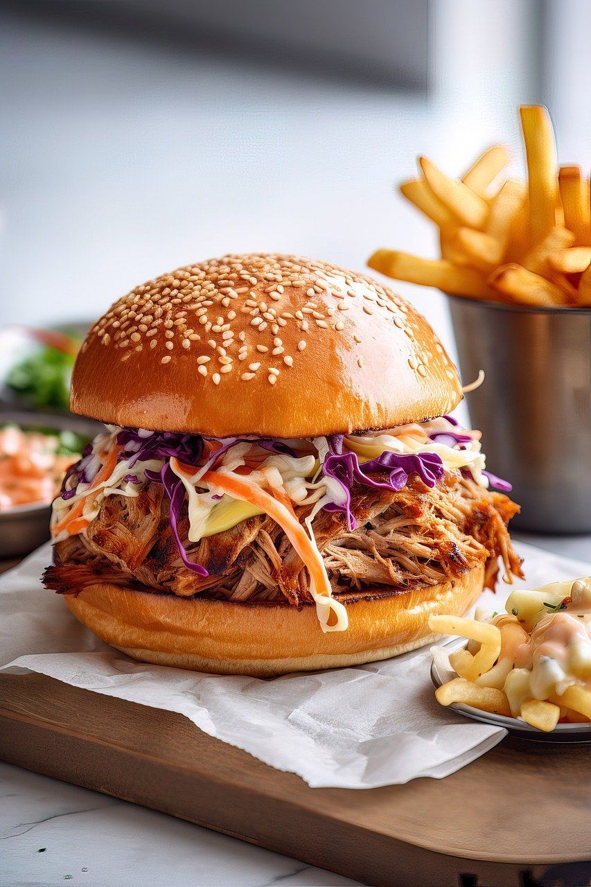 Hamburguesa de cerdo desmenuzado con col y salsa espesa, servida con patatas fritas.