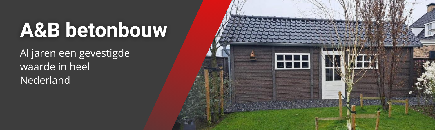 Banner van A&B Betonbouw met afbeelding van een houten berging met grijs pannendak.