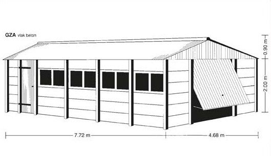 Technische tekening van een betonnen garage met vlakke betonpanelen en kanteldeur, ontwerp door A&B Betonbouw.
