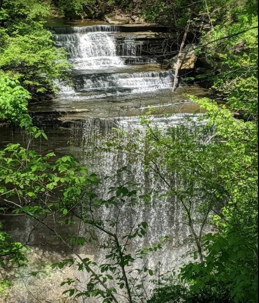Tiered waterfall cascading through lush green trees.
