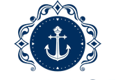 A logo for riverboat inn and suites with an anchor in a circle.