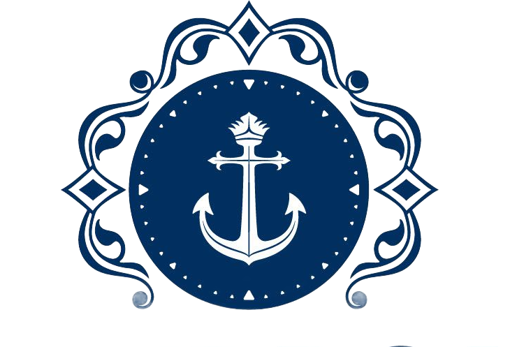 A logo for riverboat inn and suites with an anchor in a circle.