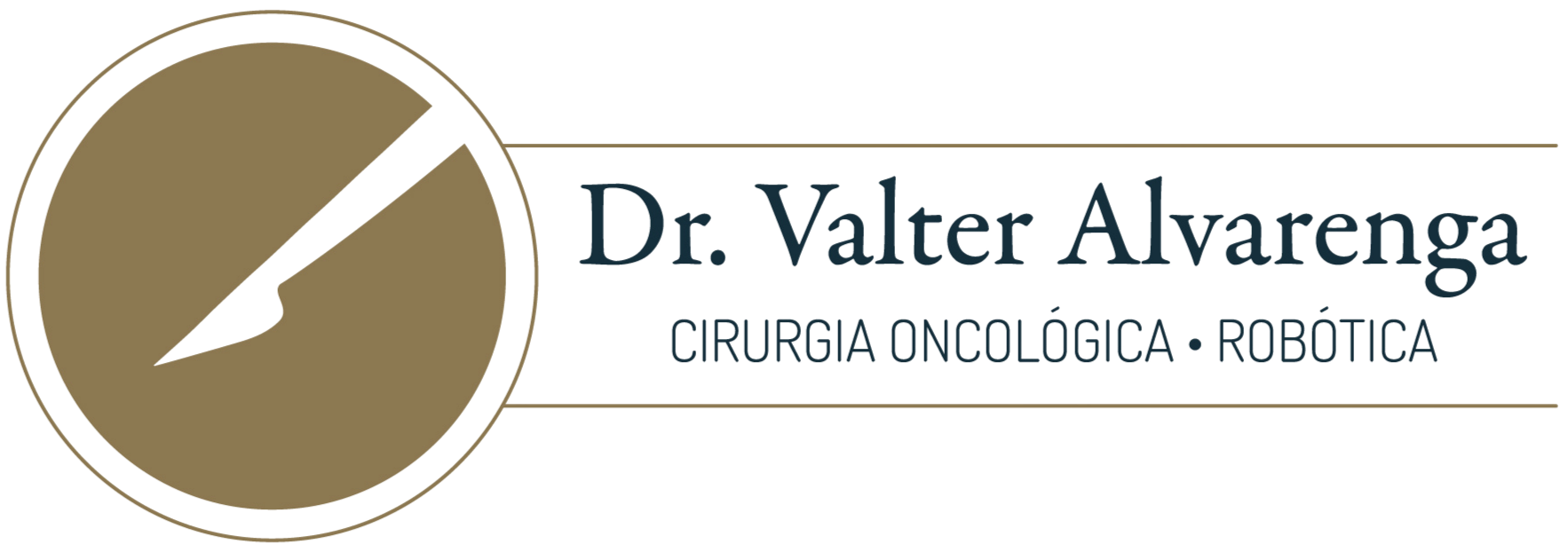 Logotipo do Dr. Valter Alvarenga, com um ícone circular dourado e o texto “Cirurgia Oncológica - Robótica”.