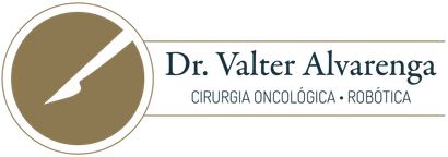 Logotipo do Dr. Valter Alvarenga, com um ícone circular dourado e o texto “Cirurgia Oncológica - Robótica”.
