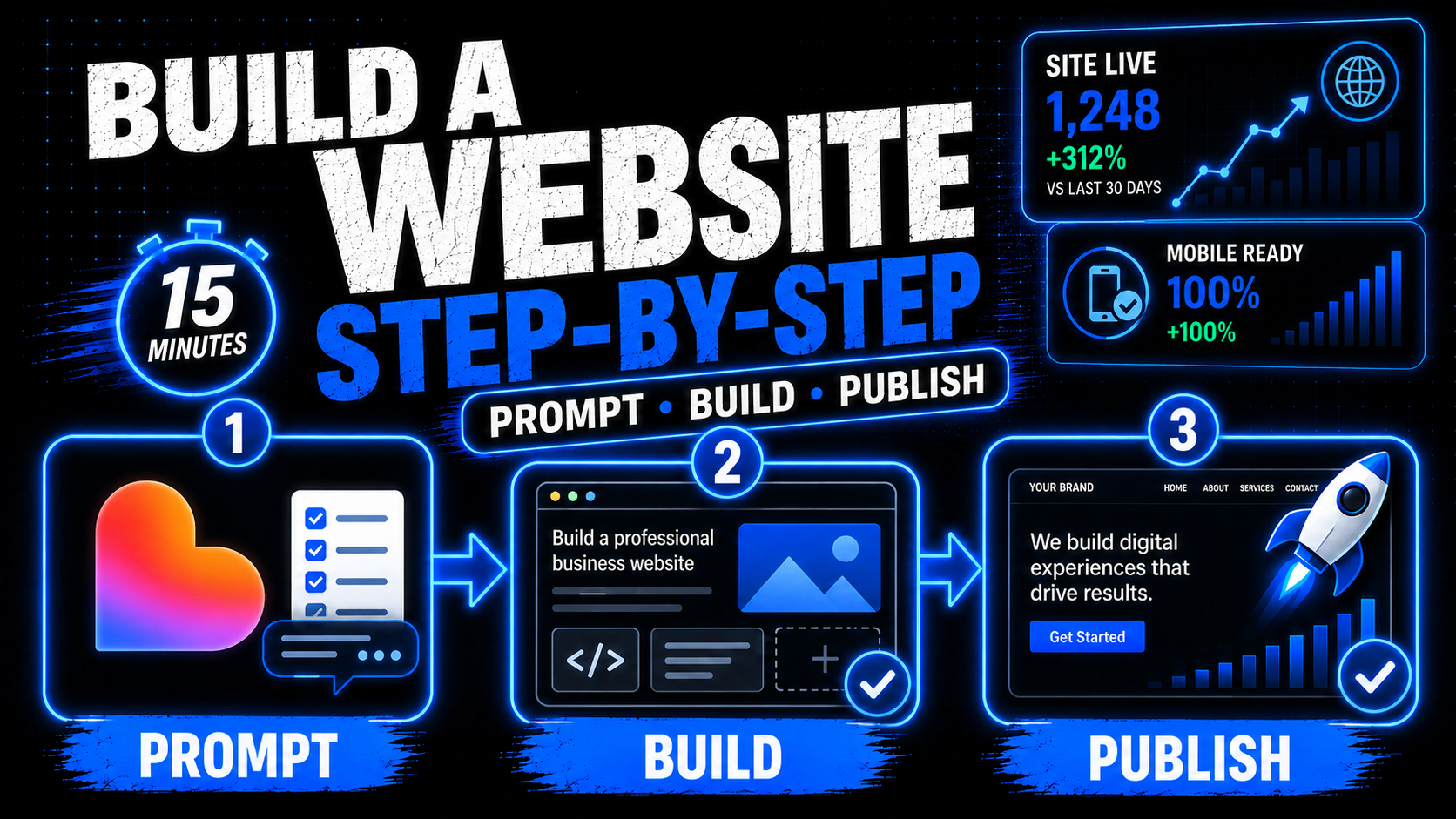 Infographic: “Build a Website Step-by-Step” with three blue neon panels: Prompt, Build, Publish.