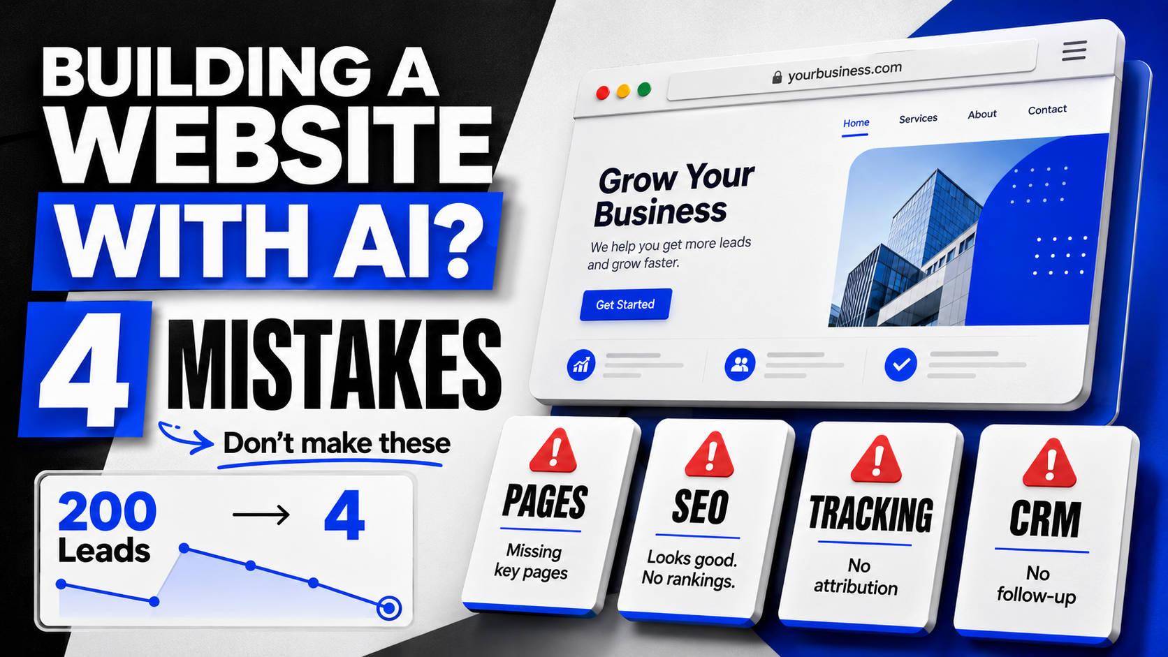 Website design promo graphic: “Building a website with AI? 4 mistakes” with laptop and cards for pages, SEO, tracking, CRM