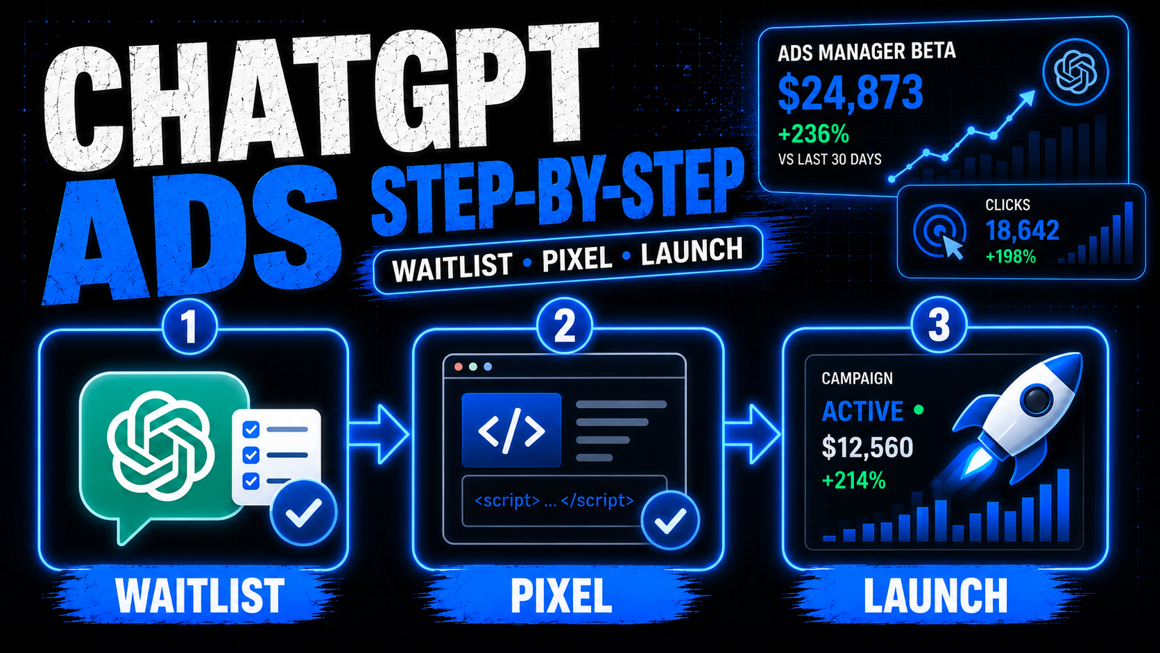 ChatGPT ads step-by-step infographic: Waitlist, Pixel, and Launch with neon blue charts and icons