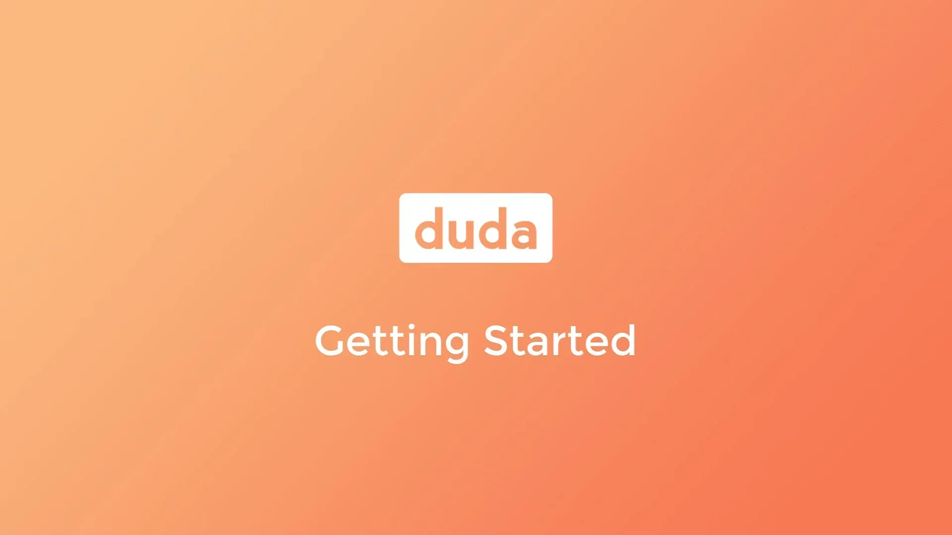 A logo for duda getting started on an orange background.