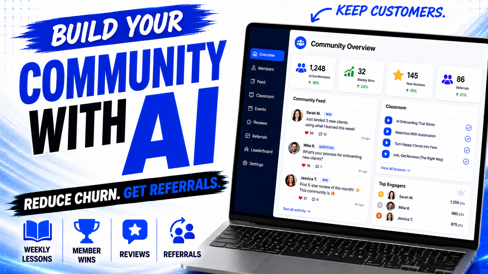 Promo graphic: “Build Your Community with AI,” blue text beside a laptop dashboard and “Reduce churn. Get referrals.”