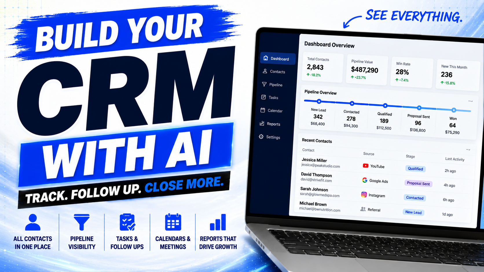 Blue promo graphic: “Build your CRM with AI” beside a laptop showing a CRM dashboard.