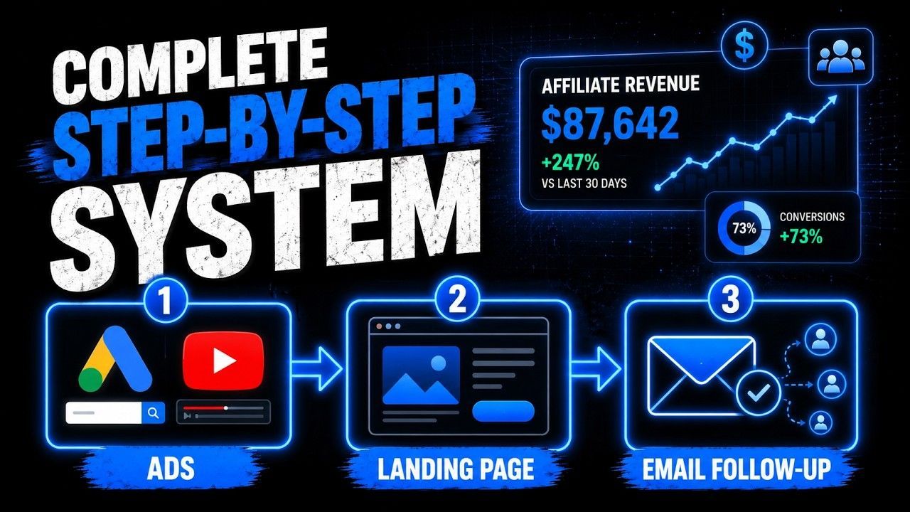 Blue marketing infographic: complete step-by-step system with ads, landing page, and email follow-up.