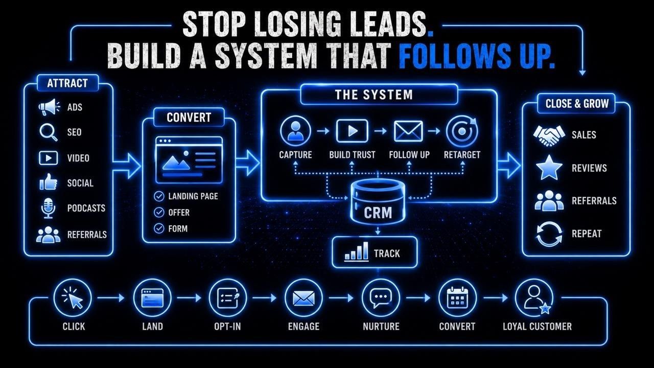 Infographic: “Stop losing leads. Build a system that follows up” with CRM and sales funnel on dark blue background