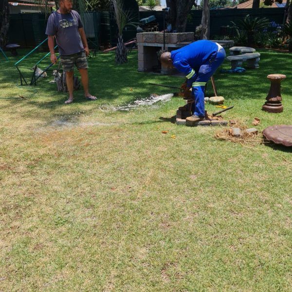 A man is digging a hole in the grass in a yard.