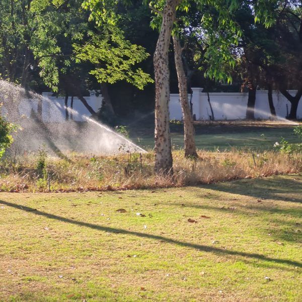 A sprinkler spraying water on a lush green field