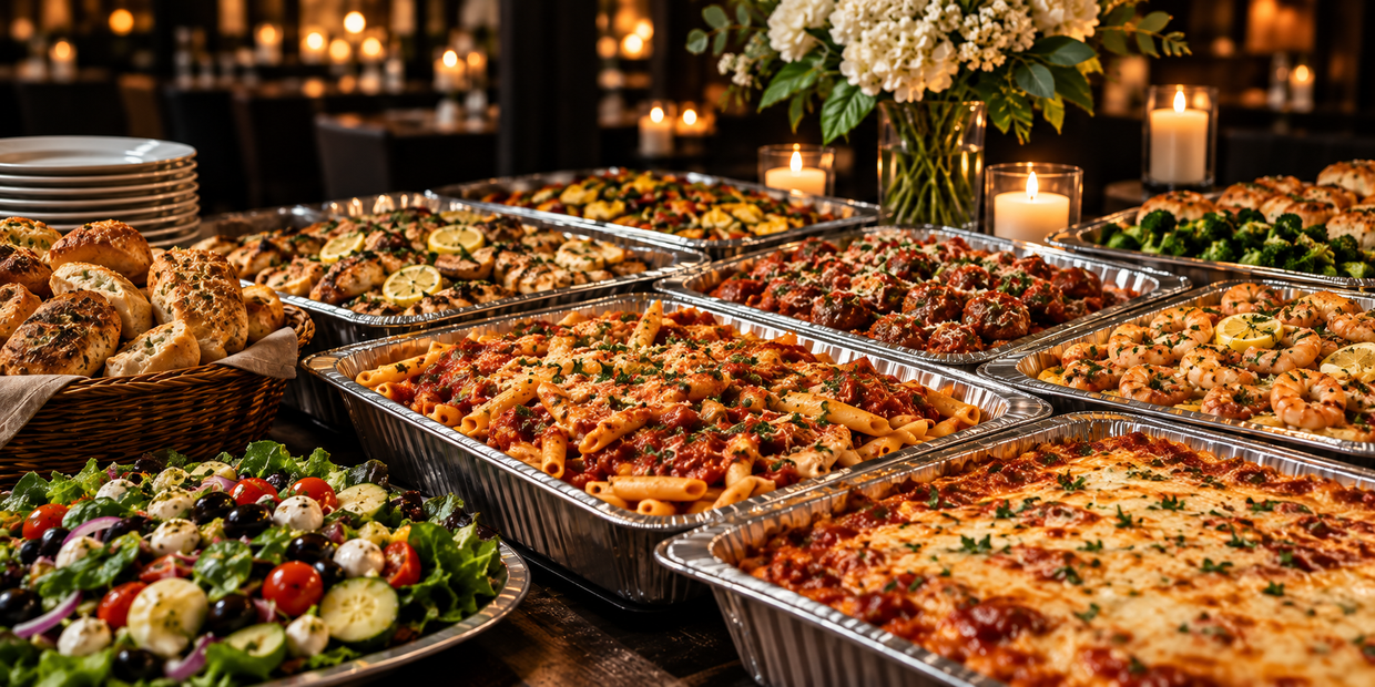 Buffet table with trays of baked dishes, salad bowls, bread, and candles in a warm-lit event setting