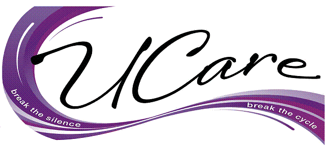 Logo with "U Care" in cursive, purple swirls, text "break the silence" and "break the cycle".