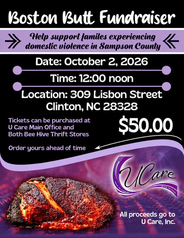 Boston Butt Fundraiser poster with date, time, location, $50 ticket, and purple UCare branding.