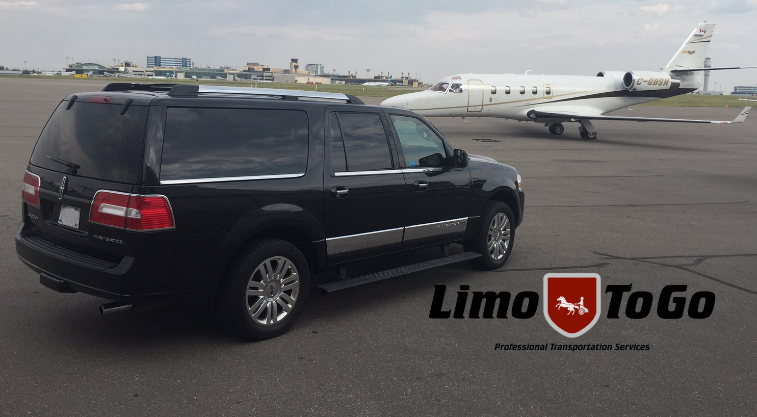 Private Jet Hangar Service Black SUV parked beside private jet on runway