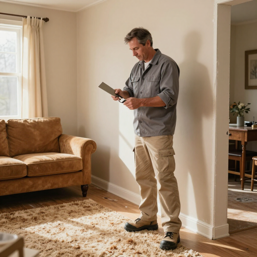 A person standing in a living room, wearing a grey shirt and khaki pants, reviews paperwork on a clipboard.