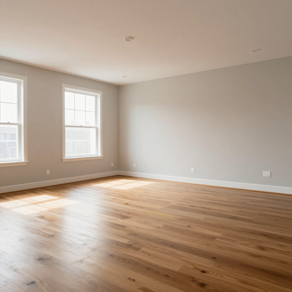 A bright, empty room with light grey walls, light-colored hardwood floors, and two white-trimmed windows.