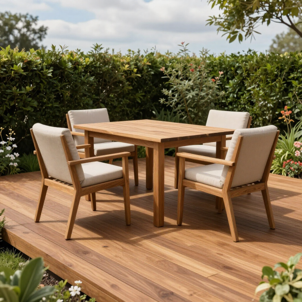 A wooden patio dining set with four chairs and off-white cushions on a deck surrounded by a green hedge.