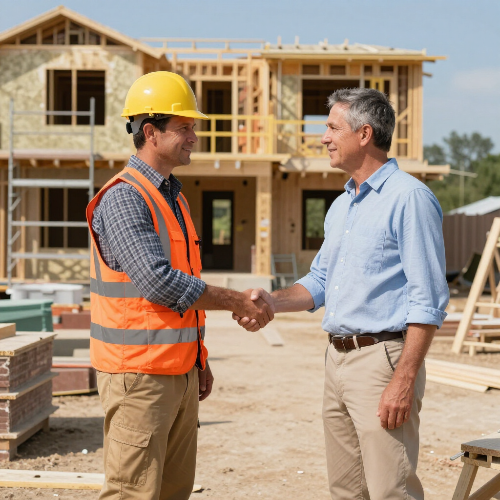 Two men shaking hands in front of a house under construction at a worksite.
