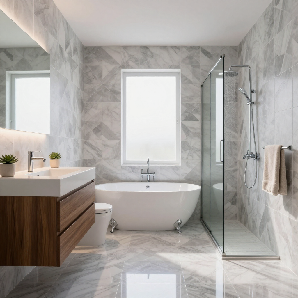 Modern bathroom with a white freestanding tub, floating wood vanity, glass shower stall, and light gray marble tiles.