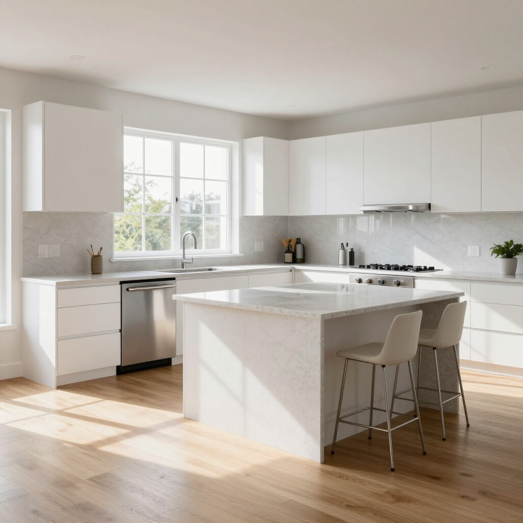 Modern kitchen with white cabinets, a central island with two stools, stainless steel appliances, and wood flooring.