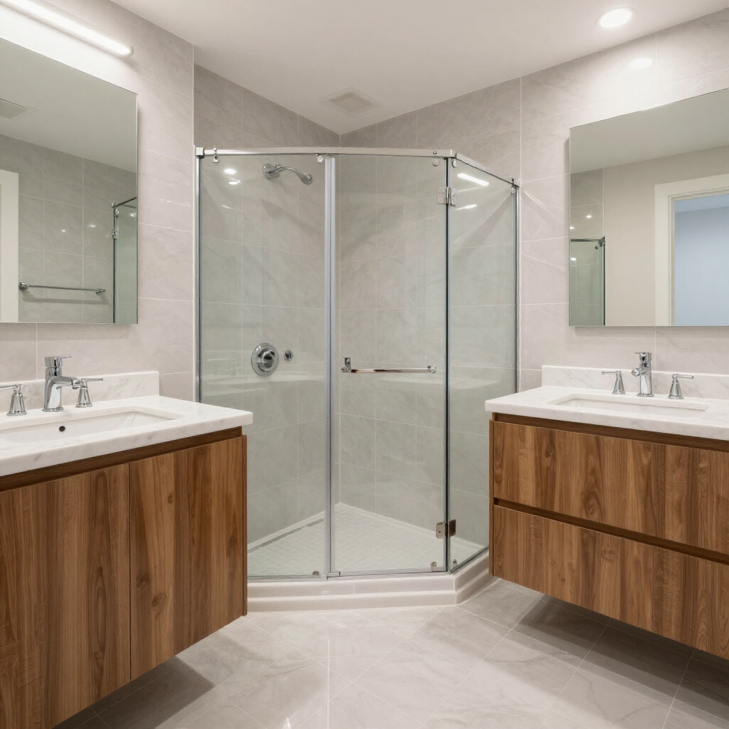 Modern bathroom with dual wood floating vanities, white countertops, square sinks, and a corner glass shower enclosure.