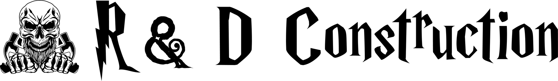 Black-and-white logo for R&D Construction featuring a skull icon next to stylized, gothic-style text.
