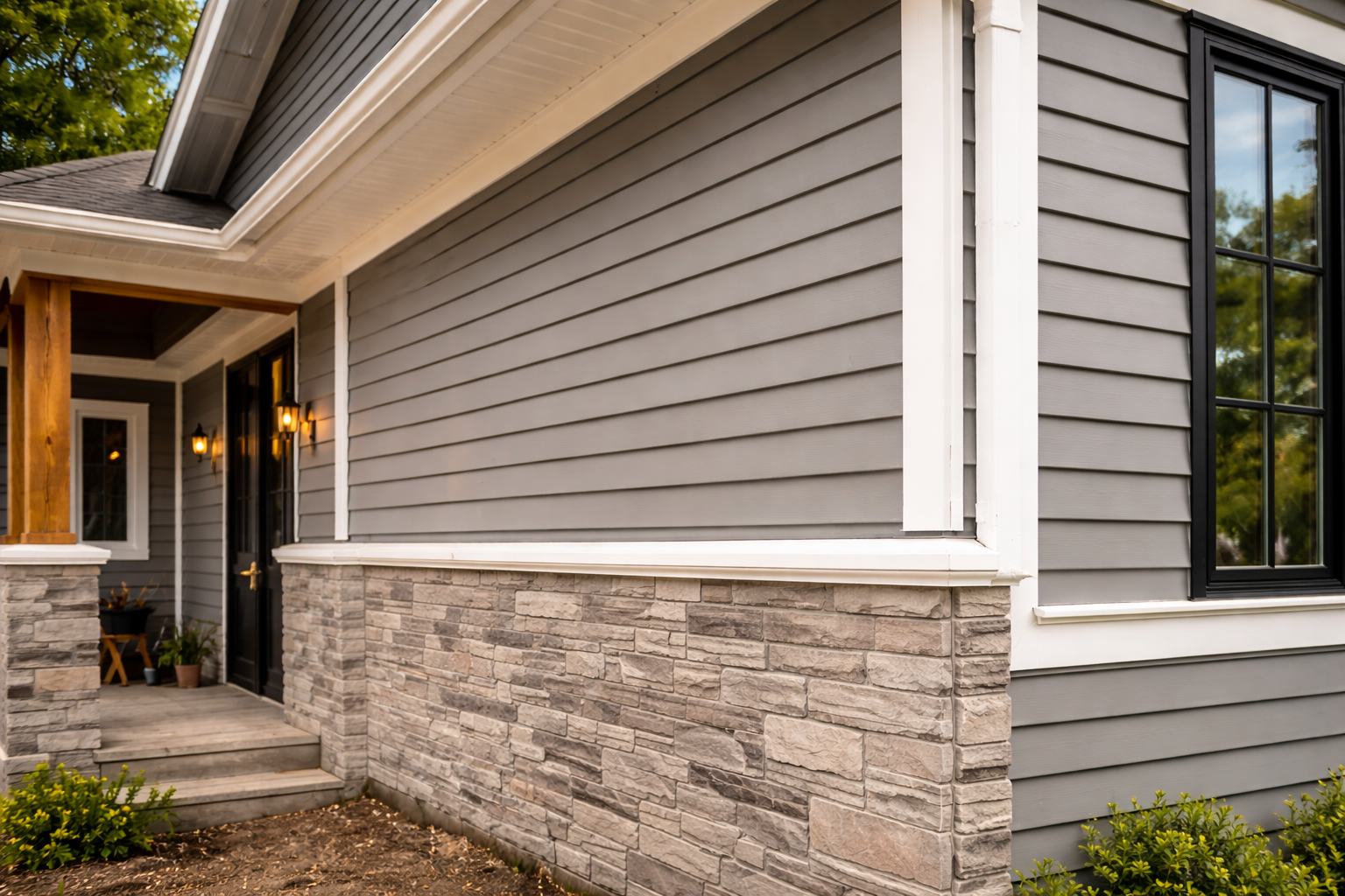 Contact Us A house exterior featuring gray horizontal siding, a stone veneer foundation, white trim, and a black-framed window.