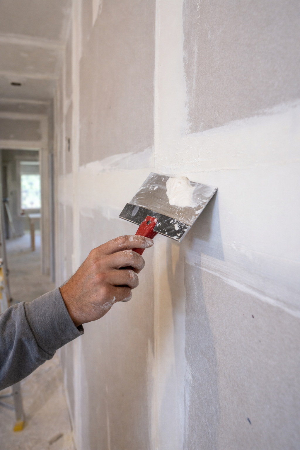 A person uses a metal putty knife to apply joint compound over a seam on a drywall-covered wall in a room under renovation.