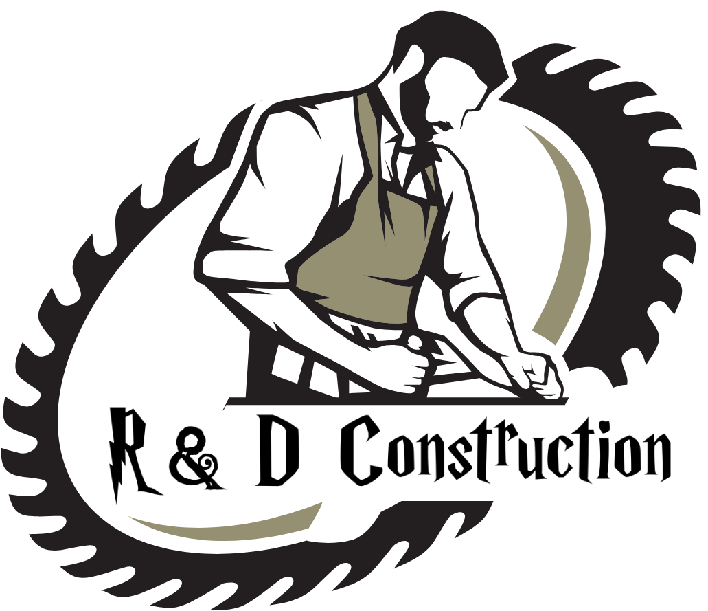 Contact Us A logo for R&D Construction featuring a carpenter in an apron working, framed by a circular saw blade.