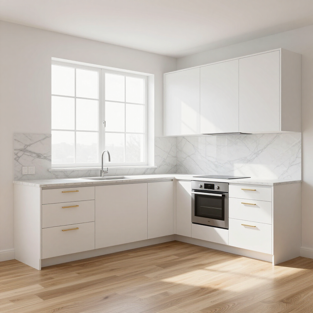 A minimalist L-shaped kitchen with white cabinets, gold handles, a marble backsplash, and a large window above the sink.