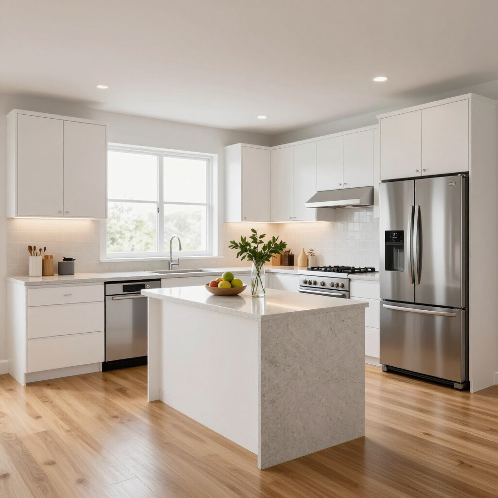 Modern white kitchen featuring stainless steel appliances, a marble-topped island, and light wood flooring.
