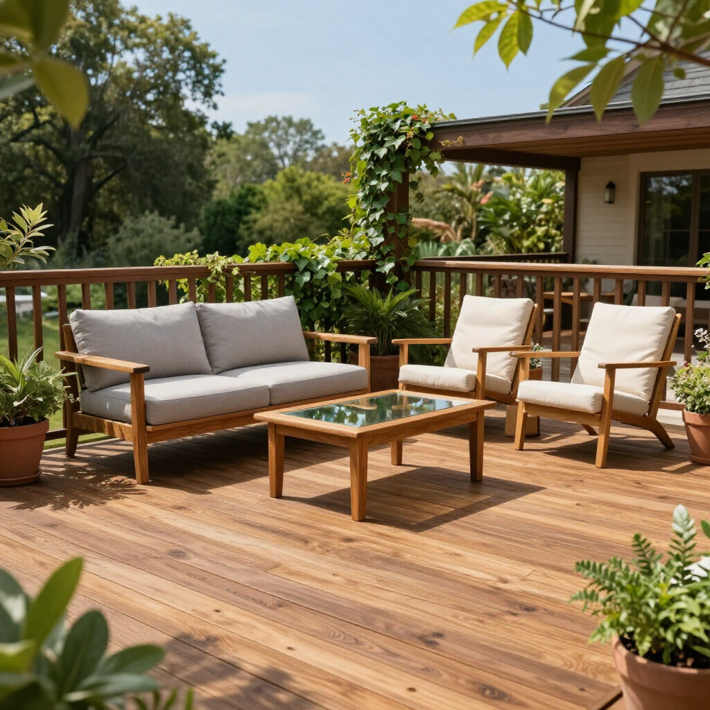 A wooden patio deck with a sofa, two chairs, and a coffee table, surrounded by potted plants and a lush green landscape.