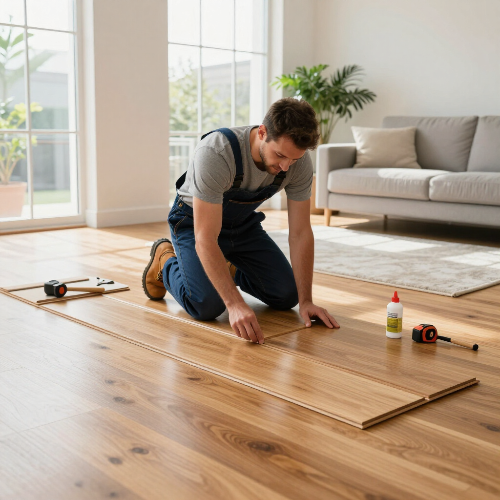 A person in overalls kneeling on a hardwood floor, using tools and glue to install wooden flooring planks.