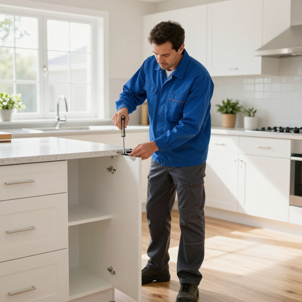 A person in a blue uniform uses a screwdriver to adjust a cabinet door hinge in a bright, modern kitchen.