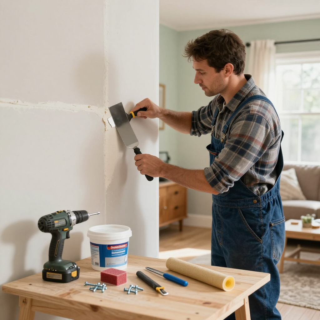 A person in denim overalls uses a putty knife to patch a wall in a living room near a table with tools and supplies.