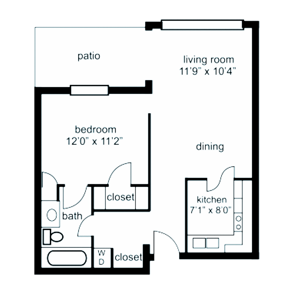 Floor plan of a one-bedroom apartment with living room, kitchen, dining area, bathroom, patio, and closets.