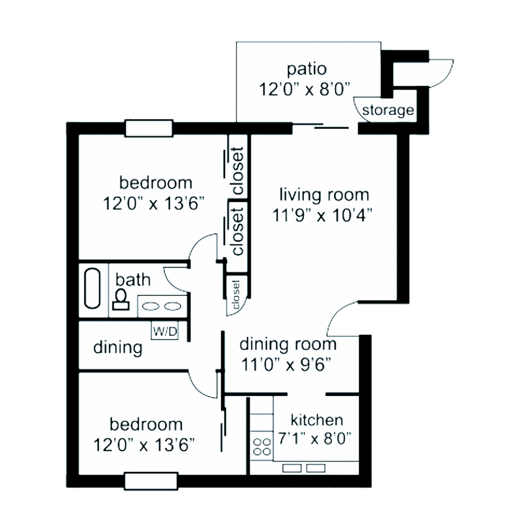 Floor plan of an apartment with two bedrooms, living room, dining area, kitchen, bathroom, patio, and storage.