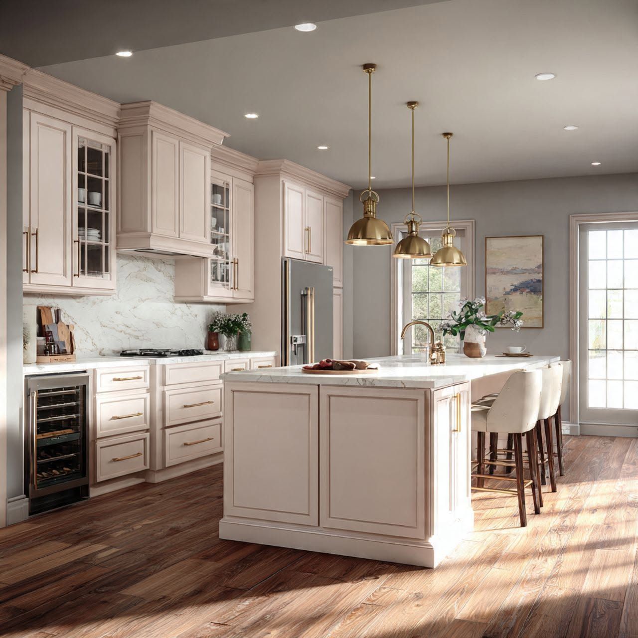 Bright modern kitchen with white cabinets, marble island, brass pendant lights, and sunlit dining area