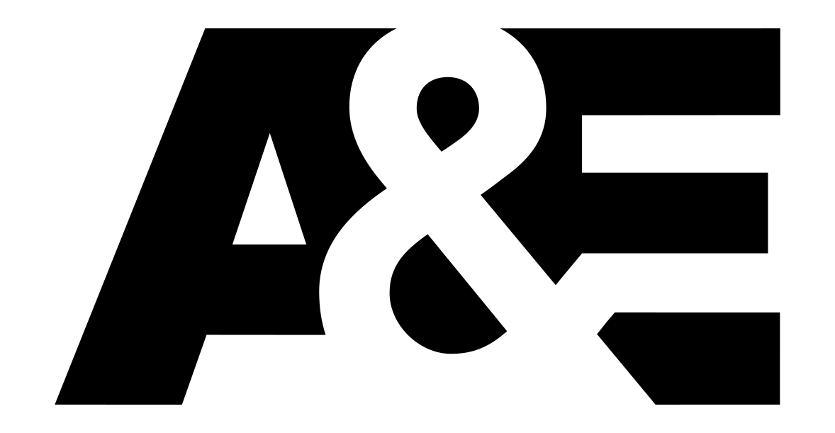 Black A&E network logo in bold black lettering on a white background