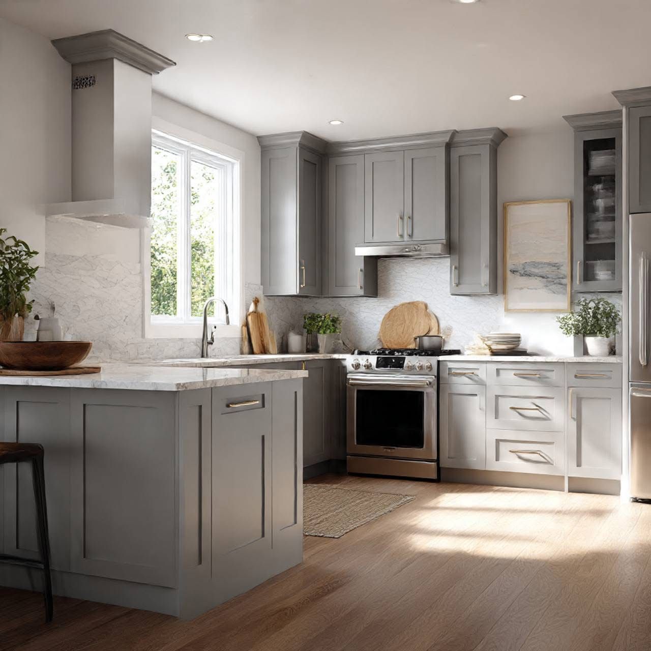 Bright modern kitchen with gray cabinets, white counters, stainless stove, and a sunlit window