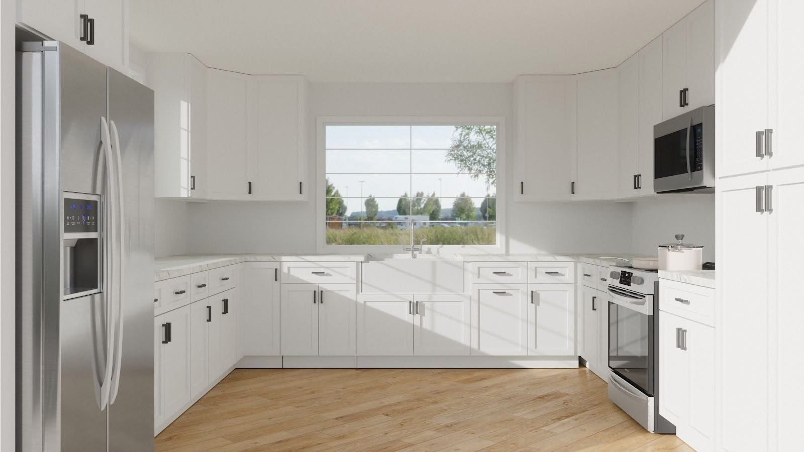 Bright white modern kitchen with stainless steel appliances, wood floor, and large window over the sink
