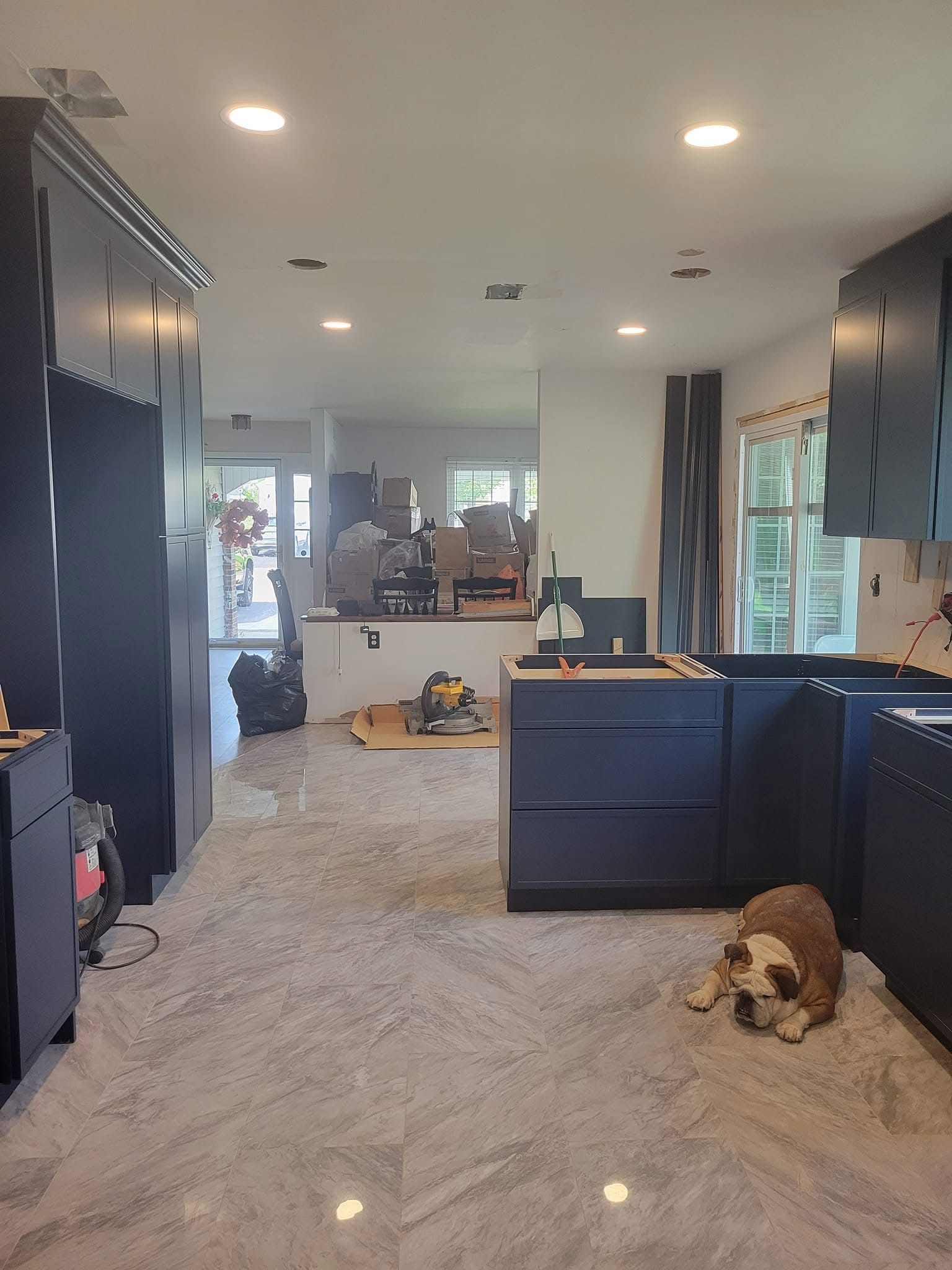 Spacious modern kitchen with dark cabinets, white island, carpeted floor, and a dog lying on the right.