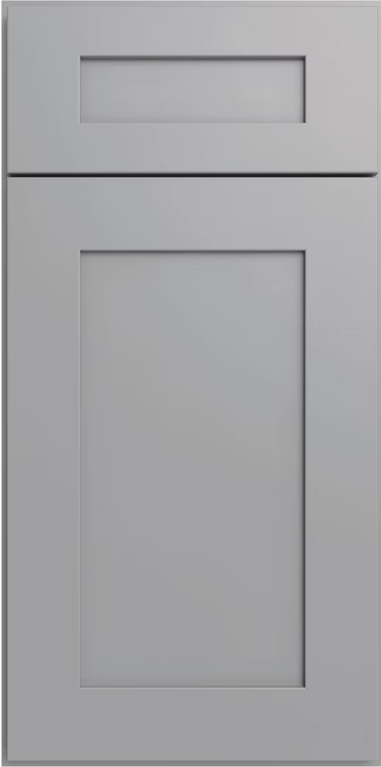 Gray cabinet door with recessed panel and small top drawer