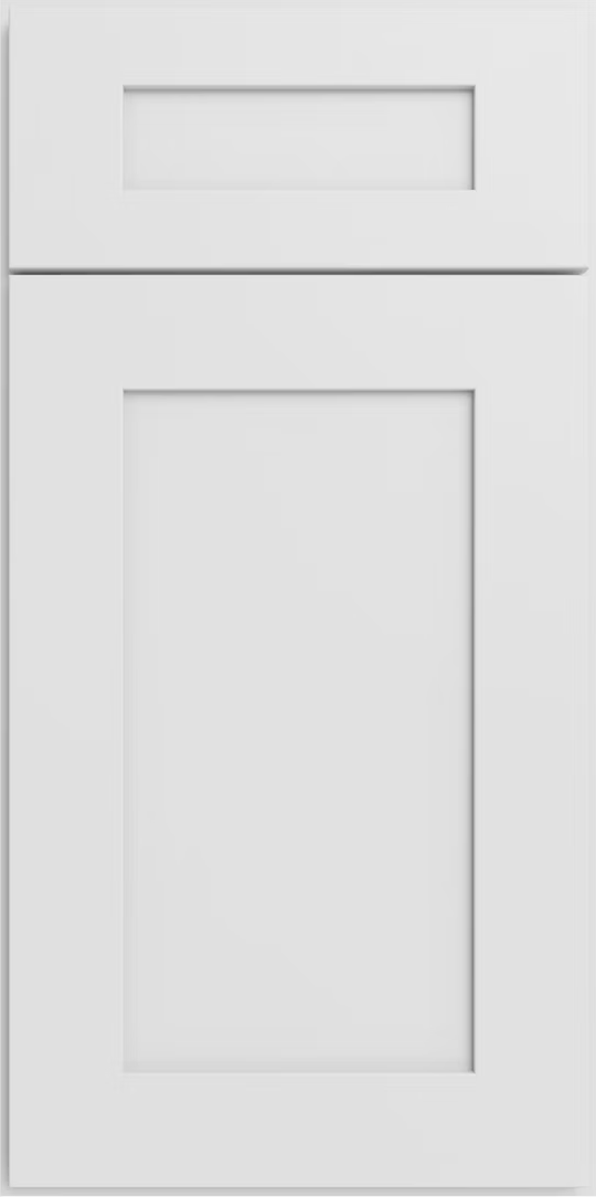 White paneled door with a small rectangular window at the top and a large inset panel below