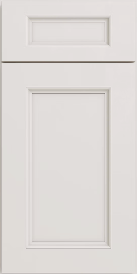 White paneled cabinet door with decorative trim and a small top drawer